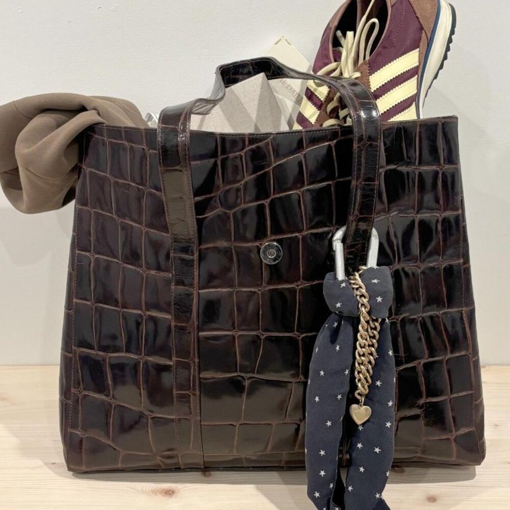 Vintage Neiman Marcus Dark Brown Crocodile-Embossed Leather Tote Bag